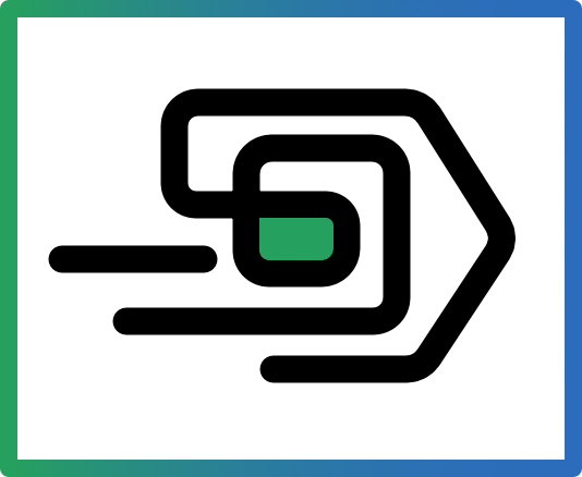 A logo mark symbol of a dark linear shape with a gradient blue and green border for the company Doxci.